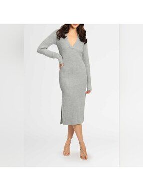 Staple The Label Ribbed Knit Gray Polo Sweater Dress Long V-Neck Size XL Office